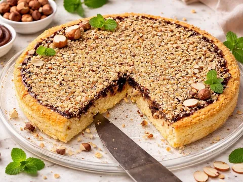 Tarta de almendra cortada, con un trozo separado sobre la mesa
