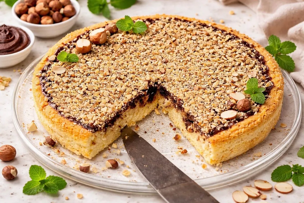 Tarta de almendra cortada, con un trozo separado sobre la mesa