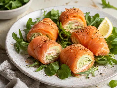 Rollitos de salmón ahumado con queso fresco y aguacate sobre una tabla