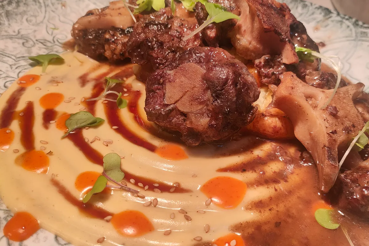 Rabo de toro guisado sobre puré, con la salsa reducida por encima