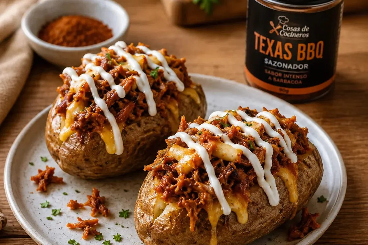 Patata asada rellena de pollo BBQ desmenuzado y queso gratinado
