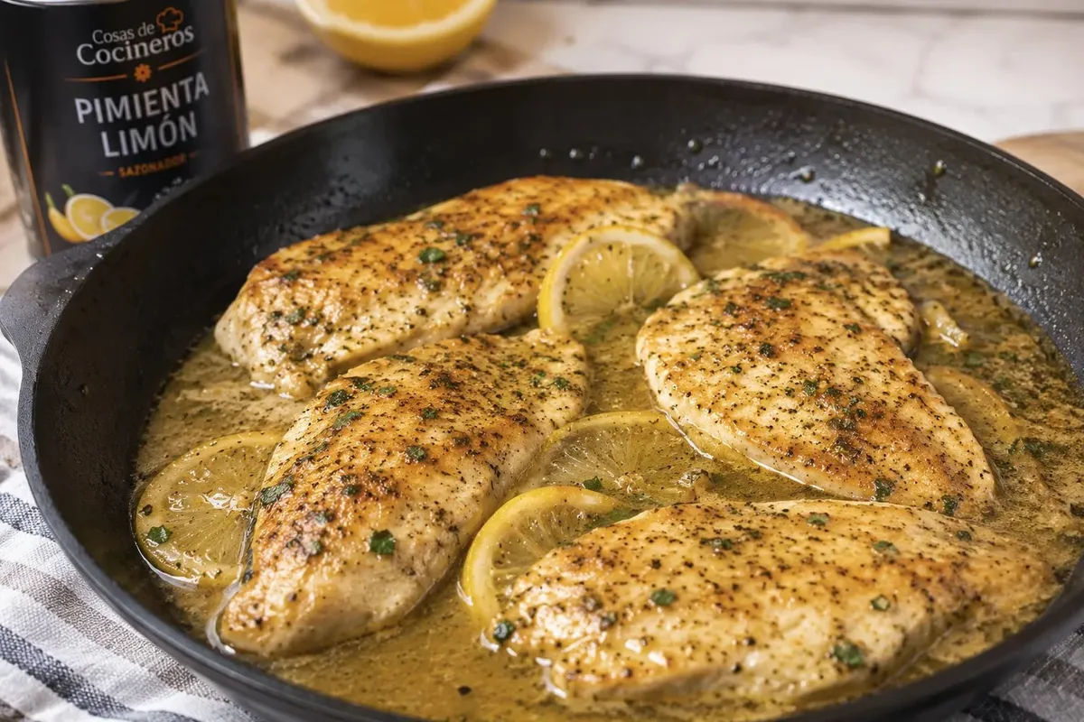 Pollo a la pimienta limón con salsa de mantequilla y ajo en una sartén