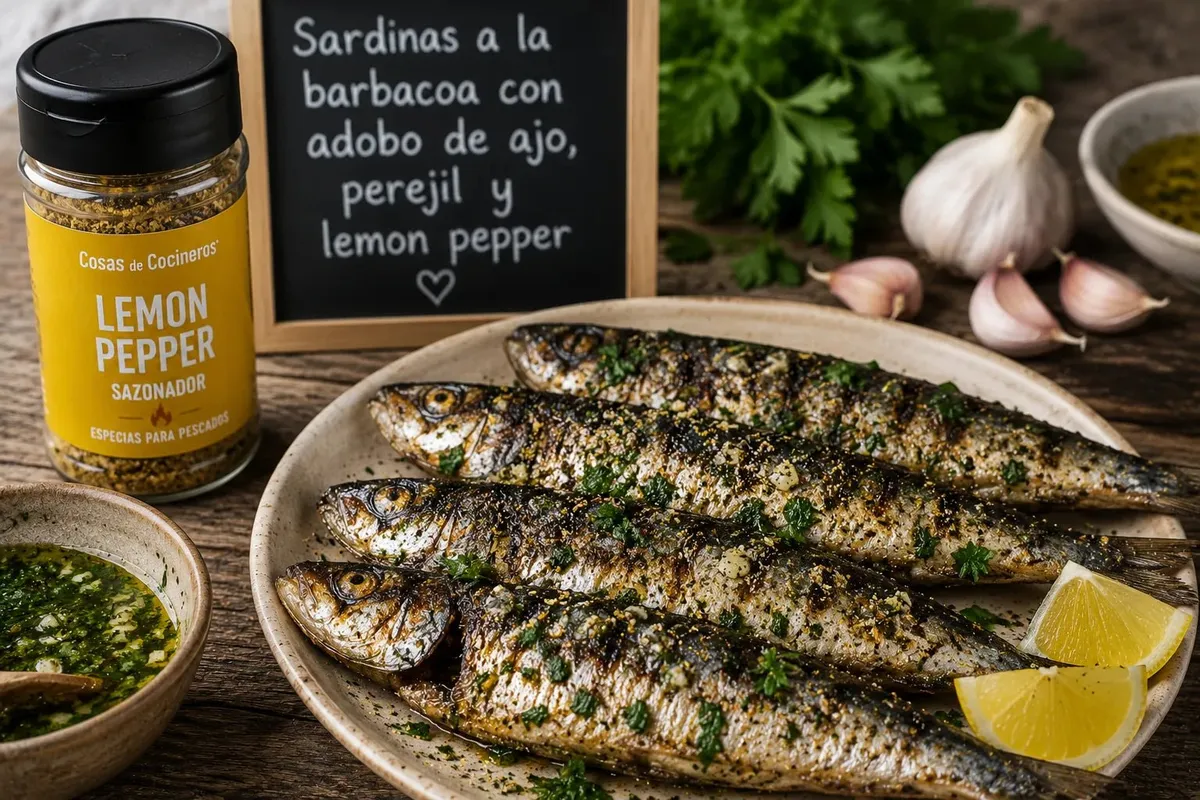 Sardinas a la barbacoa recién hechas con cuñas de limón